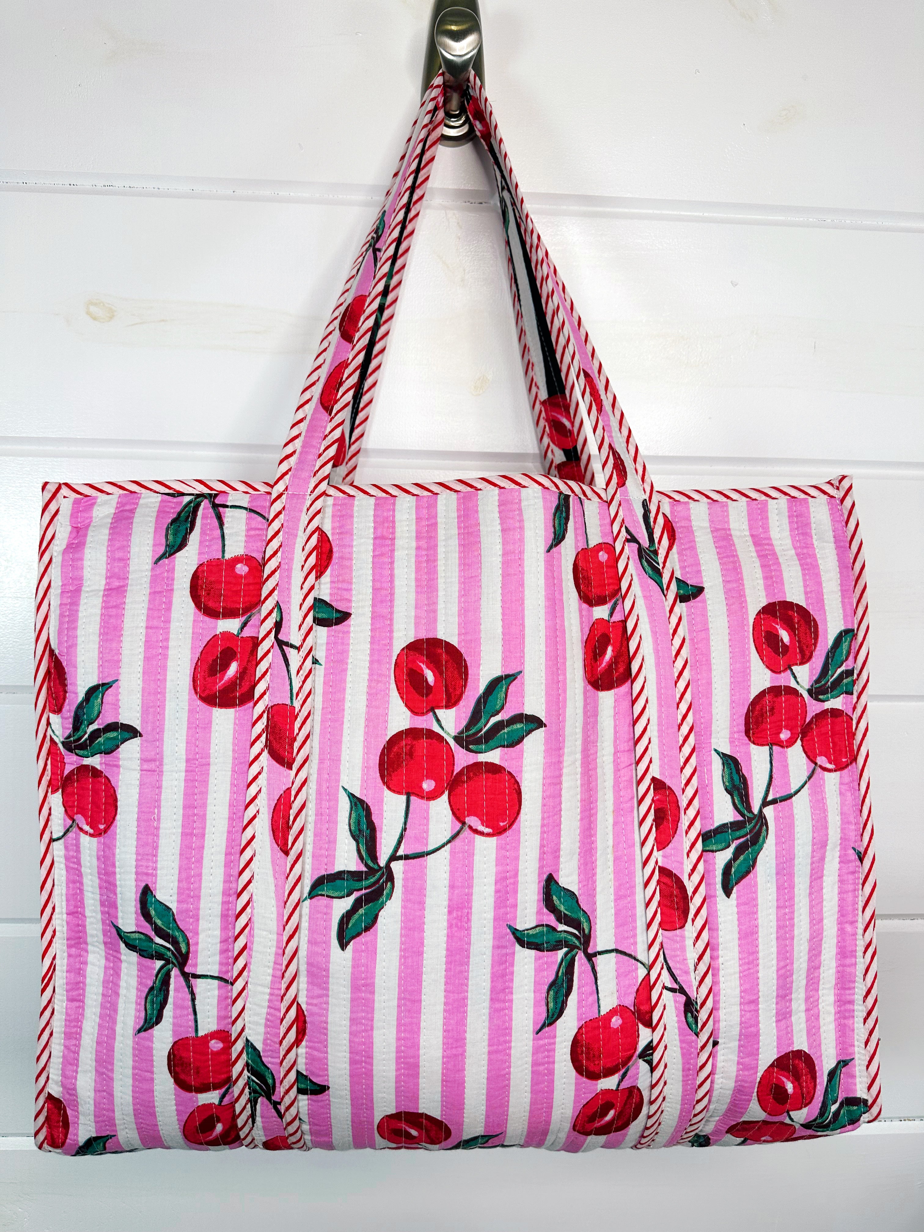 Pink Cherry Print Cotton Quilted Large Shopping Tote Bag