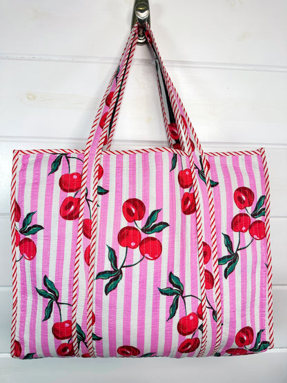 Pink Cherry Print Cotton Quilted Large Shopping Tote Bag