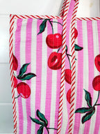 Pink Cherry Print Cotton Quilted Large Shopping Tote Bag