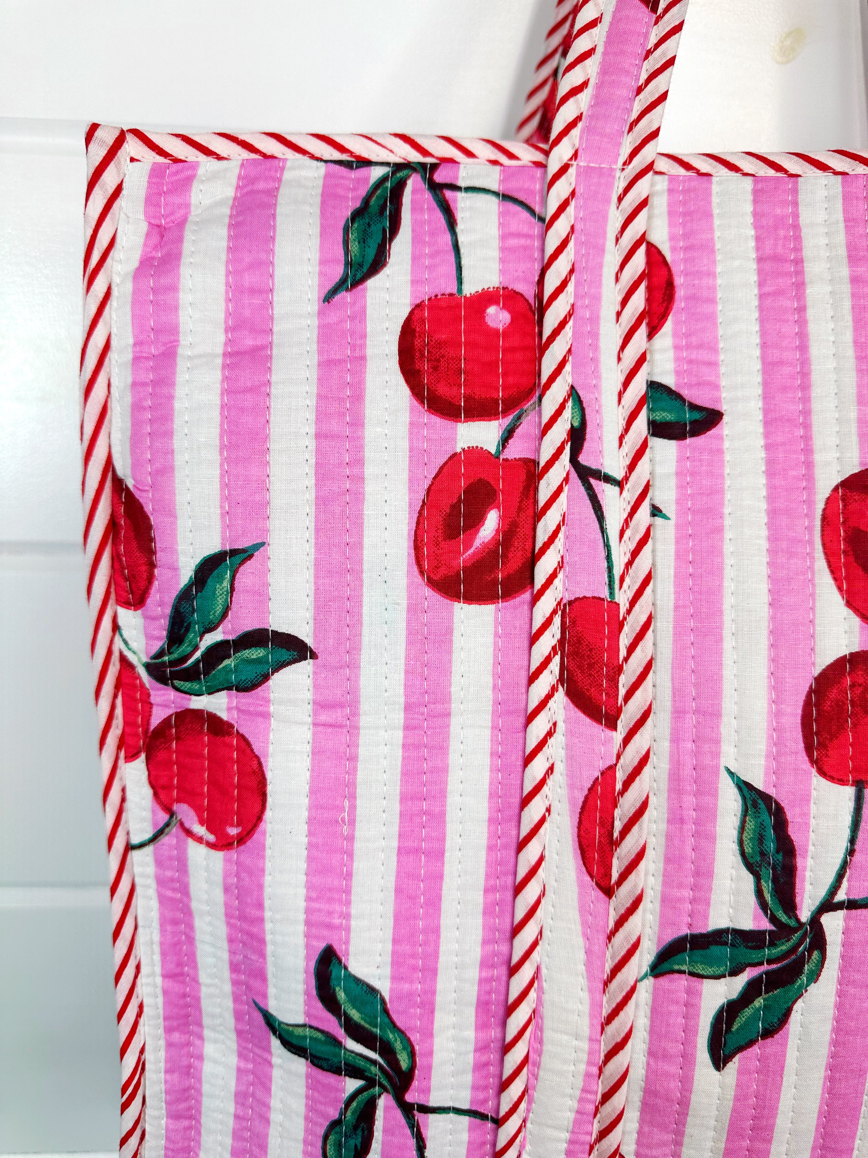 Pink Cherry Print Cotton Quilted Large Shopping Tote Bag