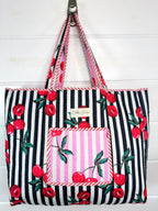 Pink Cherry Print Cotton Quilted Large Shopping Tote Bag