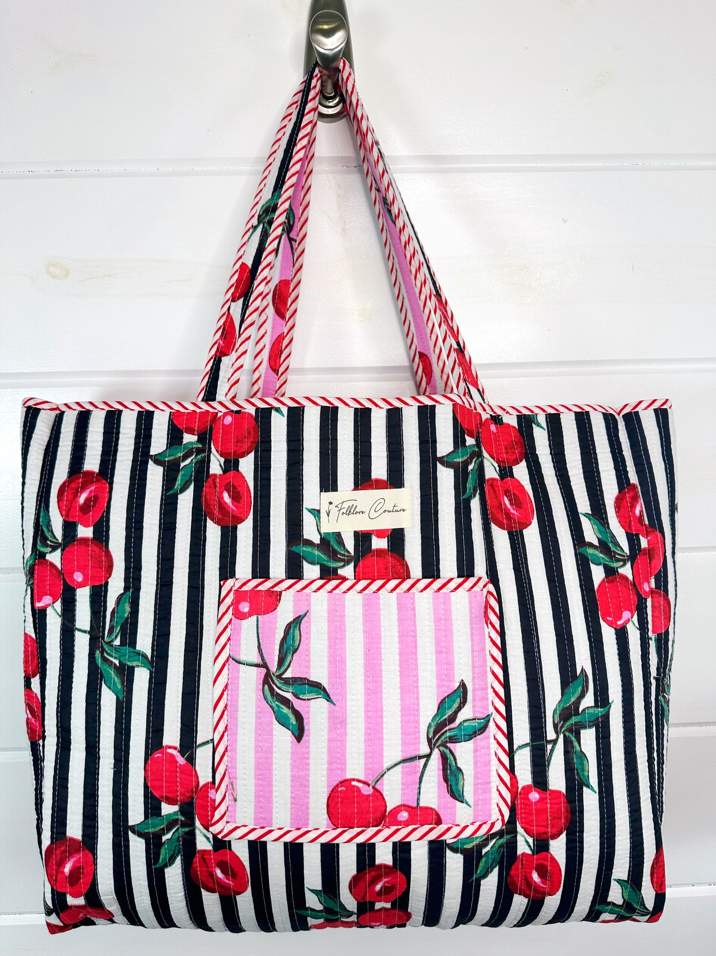 Pink Cherry Print Cotton Quilted Large Shopping Tote Bag