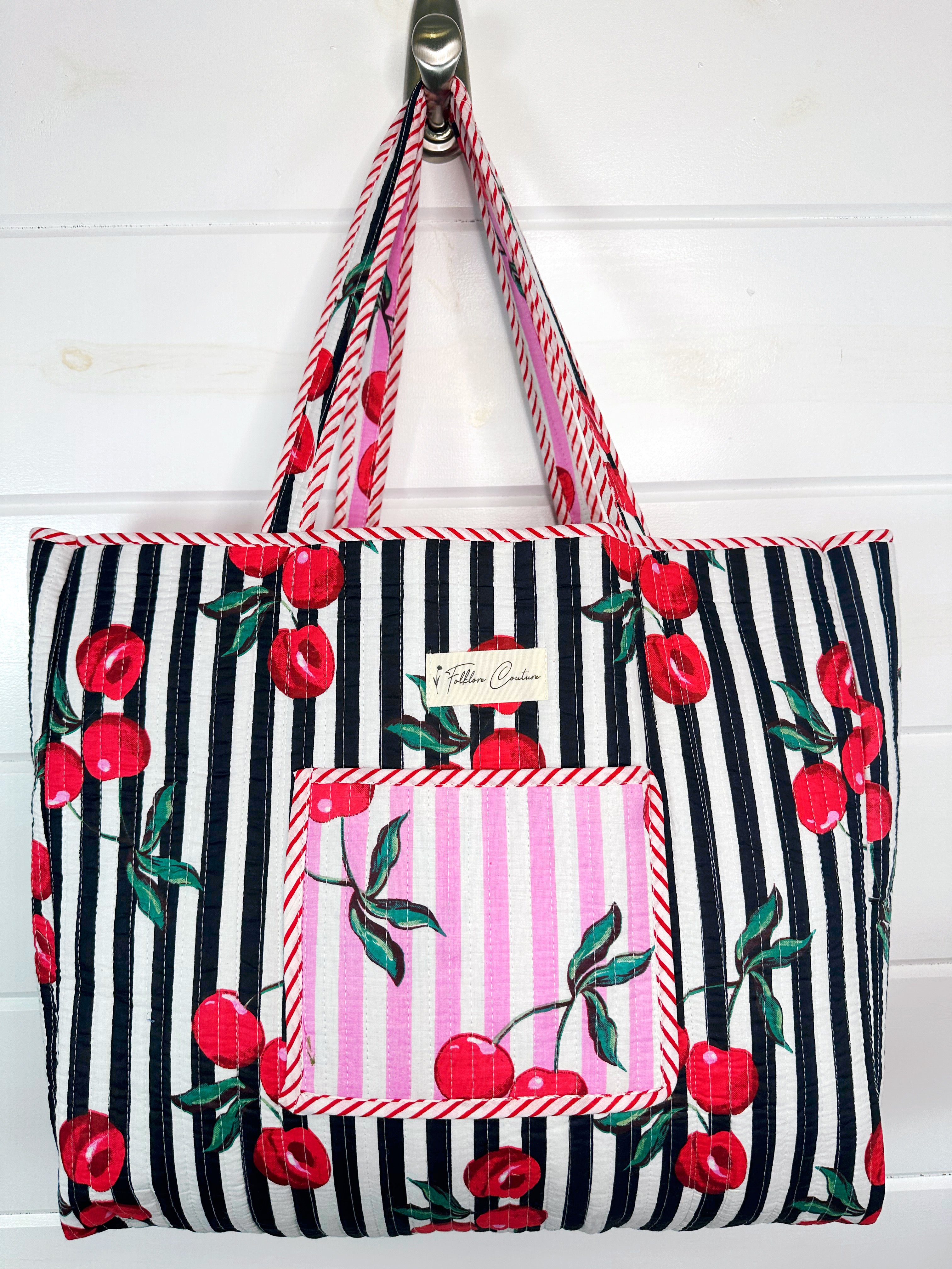 Pink Cherry Print Cotton Quilted Large Shopping Tote Bag