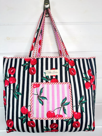 Pink Cherry Print Cotton Quilted Large Shopping Tote Bag