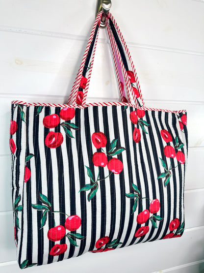 Pink Cherry Print Cotton Quilted Large Shopping Tote Bag