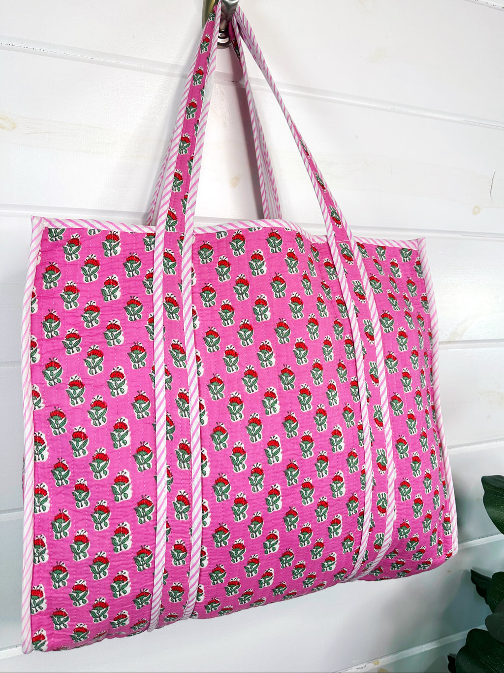 Pink Floral Print Quilted Cotton Reversible Large Tote Bag