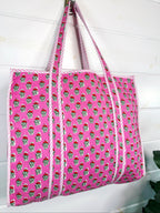 Pink Floral Print Quilted Cotton Reversible Large Tote Bag