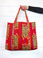 Quilted Cotton Reversible Large Tote Bag - Orange Pink Tiger Striped