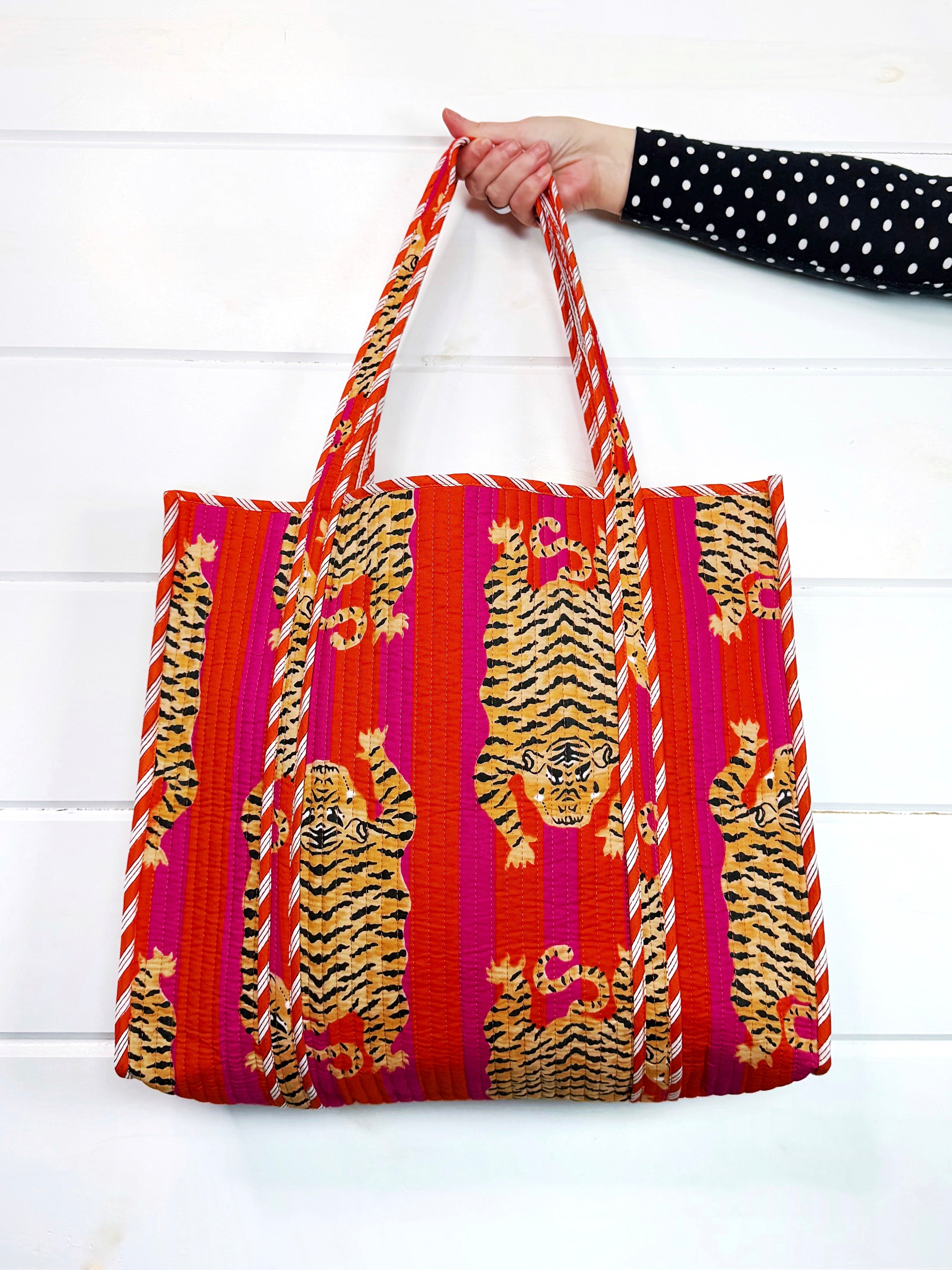 Quilted Cotton Reversible Large Tote Bag - Orange Pink Tiger Striped