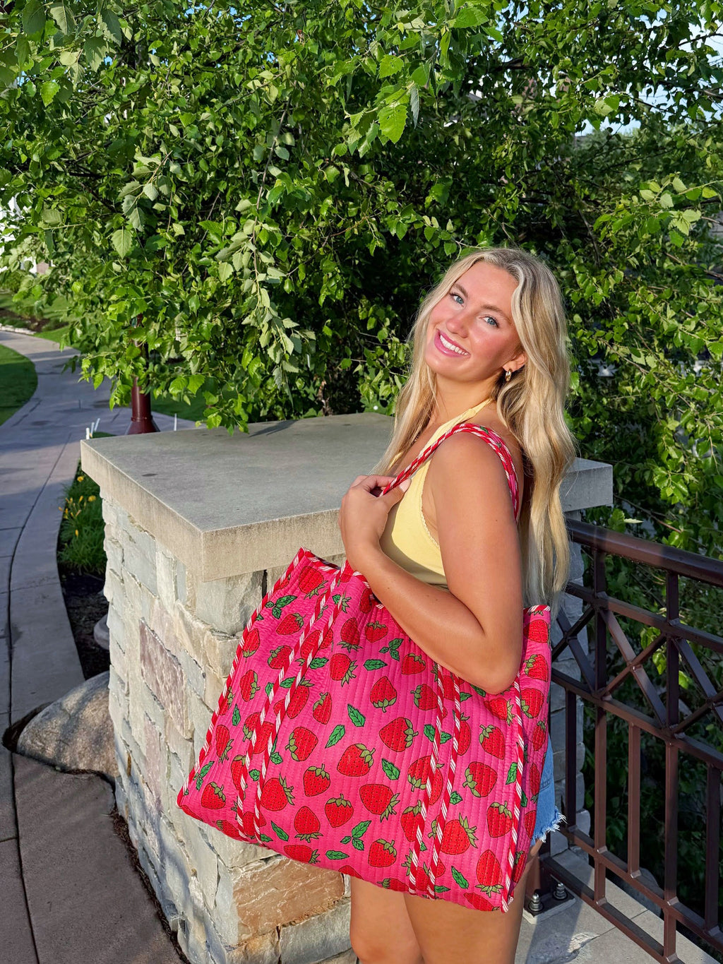 Pink and Red Strawberry Print Quilted Cotton Tote Bag