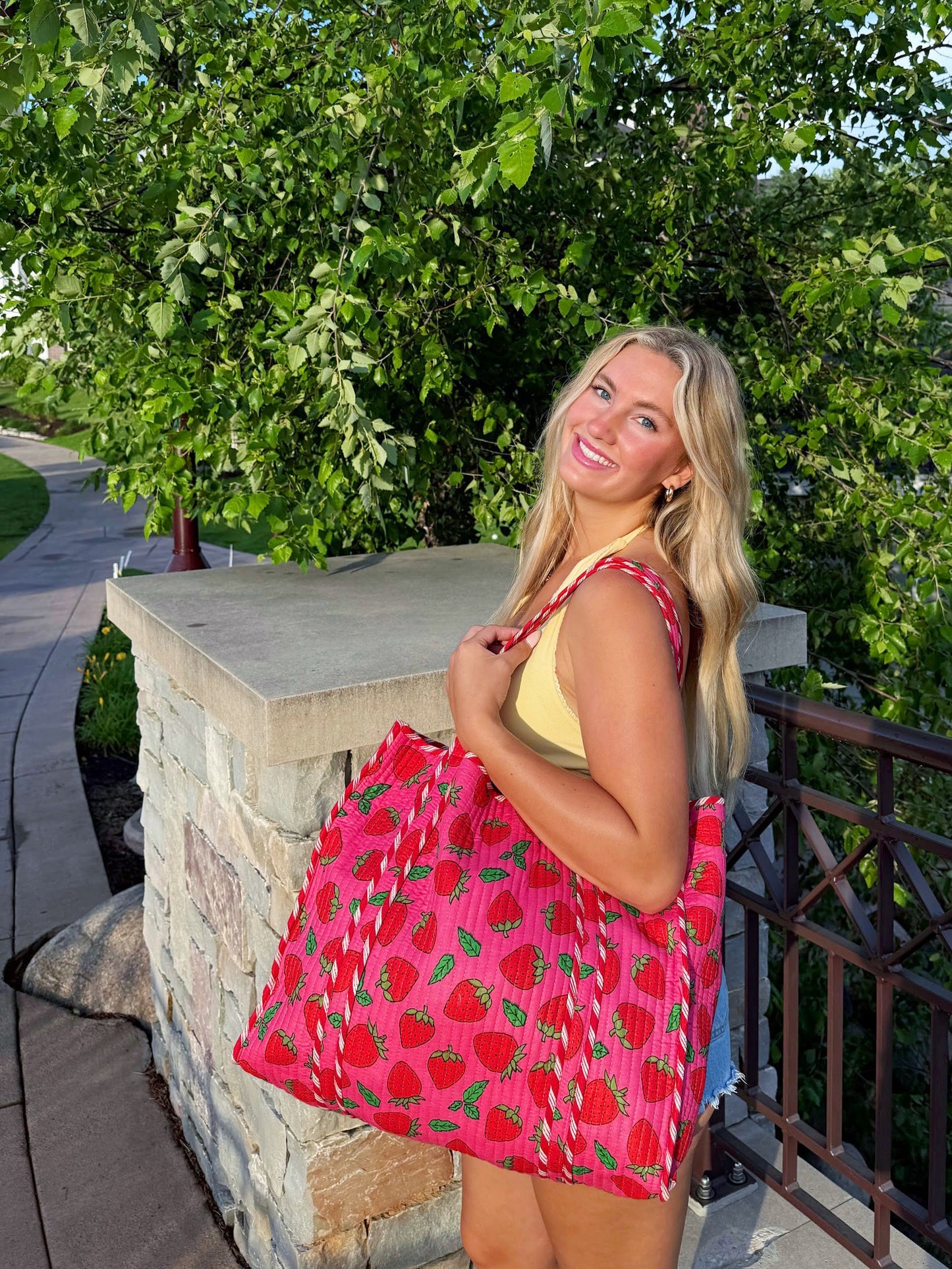 Pink and Red Strawberry Print Quilted Cotton Tote Bag