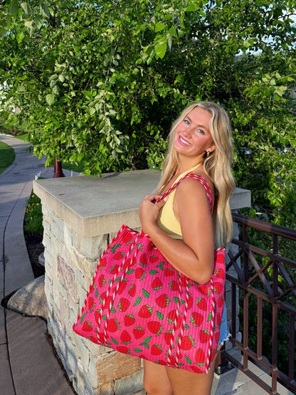 Pink and Red Strawberry Print Quilted Cotton Tote Bag
