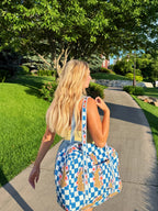 Blue Checkered Jaguar Print Quilted Weekender Overnight Bag