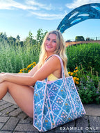 Aqua and Yellow Floral Print Quilted Cotton Tote Bag