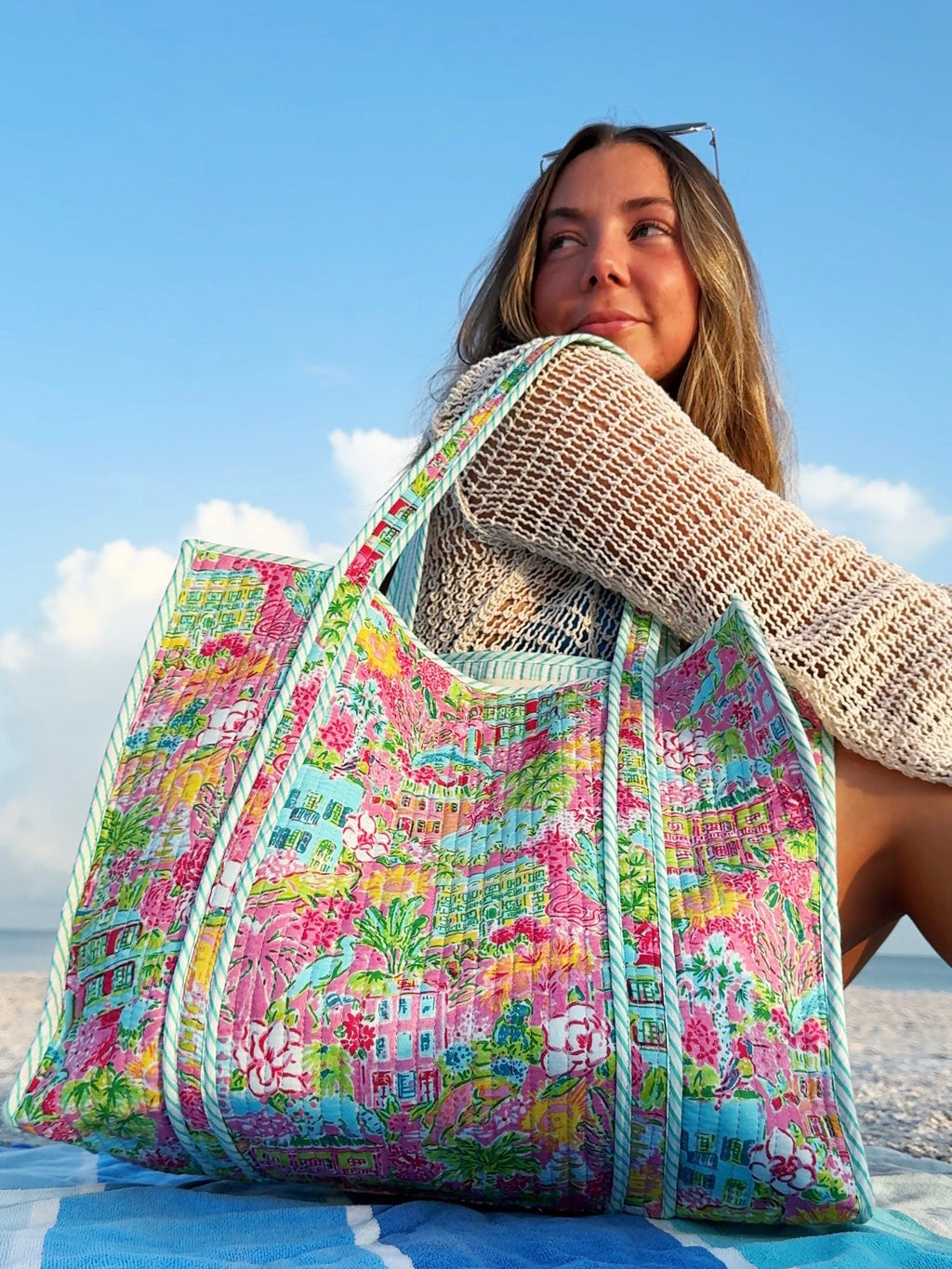 Quilted Cotton Reversible Large Tote Bag - Tropical Southern Town Print