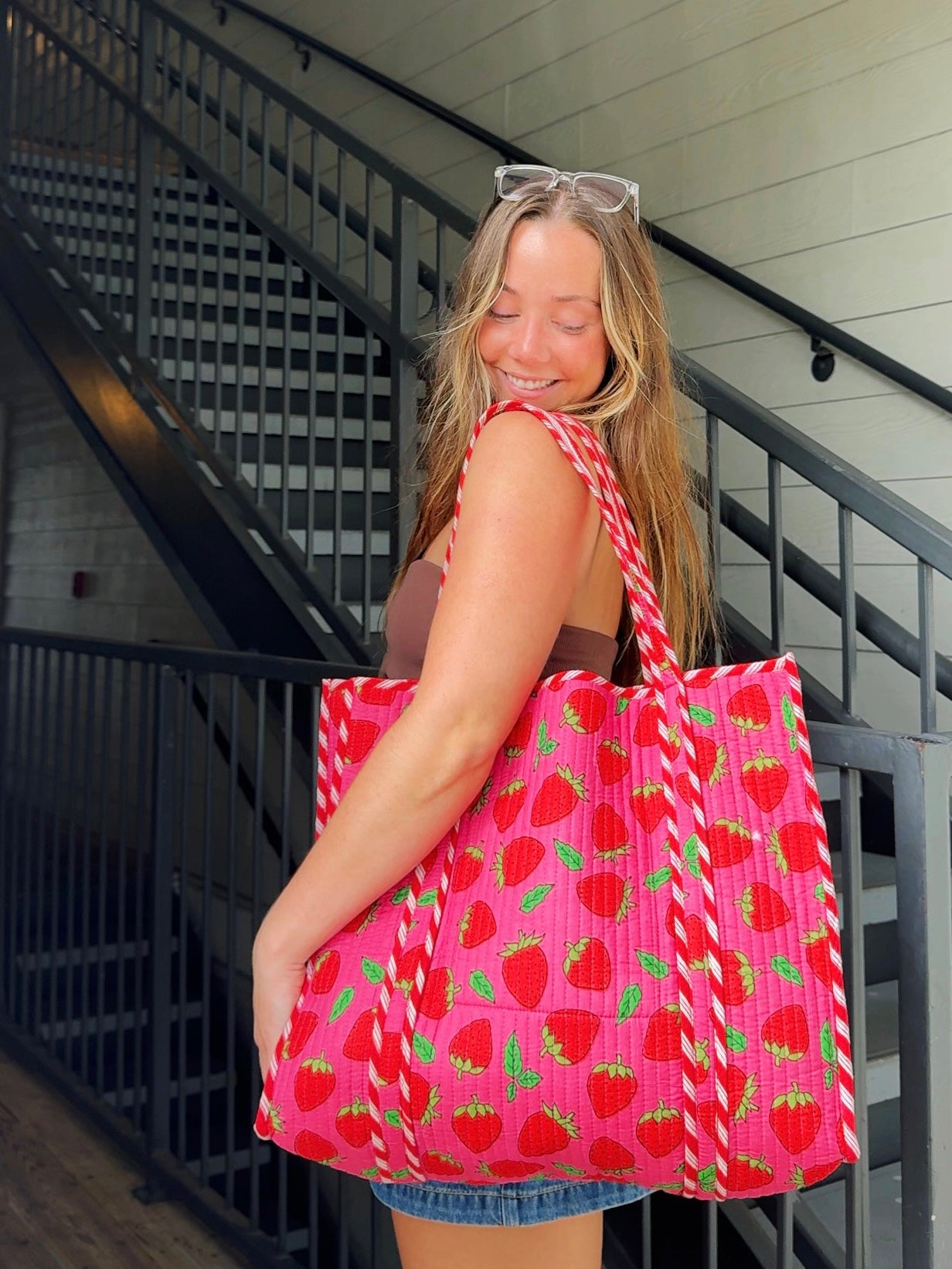 Pink and Red Strawberry Print Quilted Cotton Tote Bag