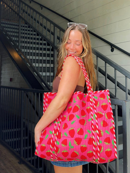 Pink and Red Strawberry Print Quilted Cotton Tote Bag