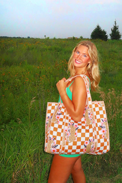 Gold Checkered Jaguar Print Quilted Cotton Tote Bag