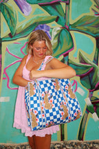 Blue Checkered Jaguar Print Quilted Cotton Tote Bag