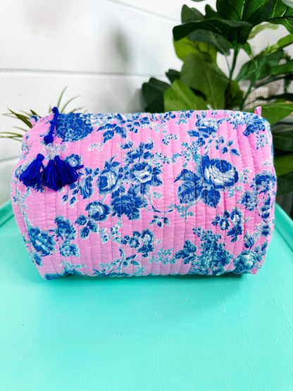 Pink Cottage Floral Print Quilted Makeup Cosmetics Toiletry Bag