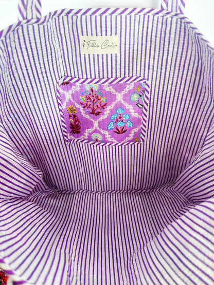 Purple Wildflower Print Quilted Cotton Tote Bag