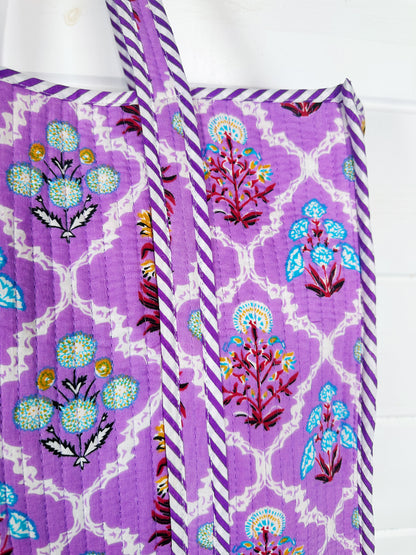 Purple Wildflower Print Quilted Cotton Tote Bag