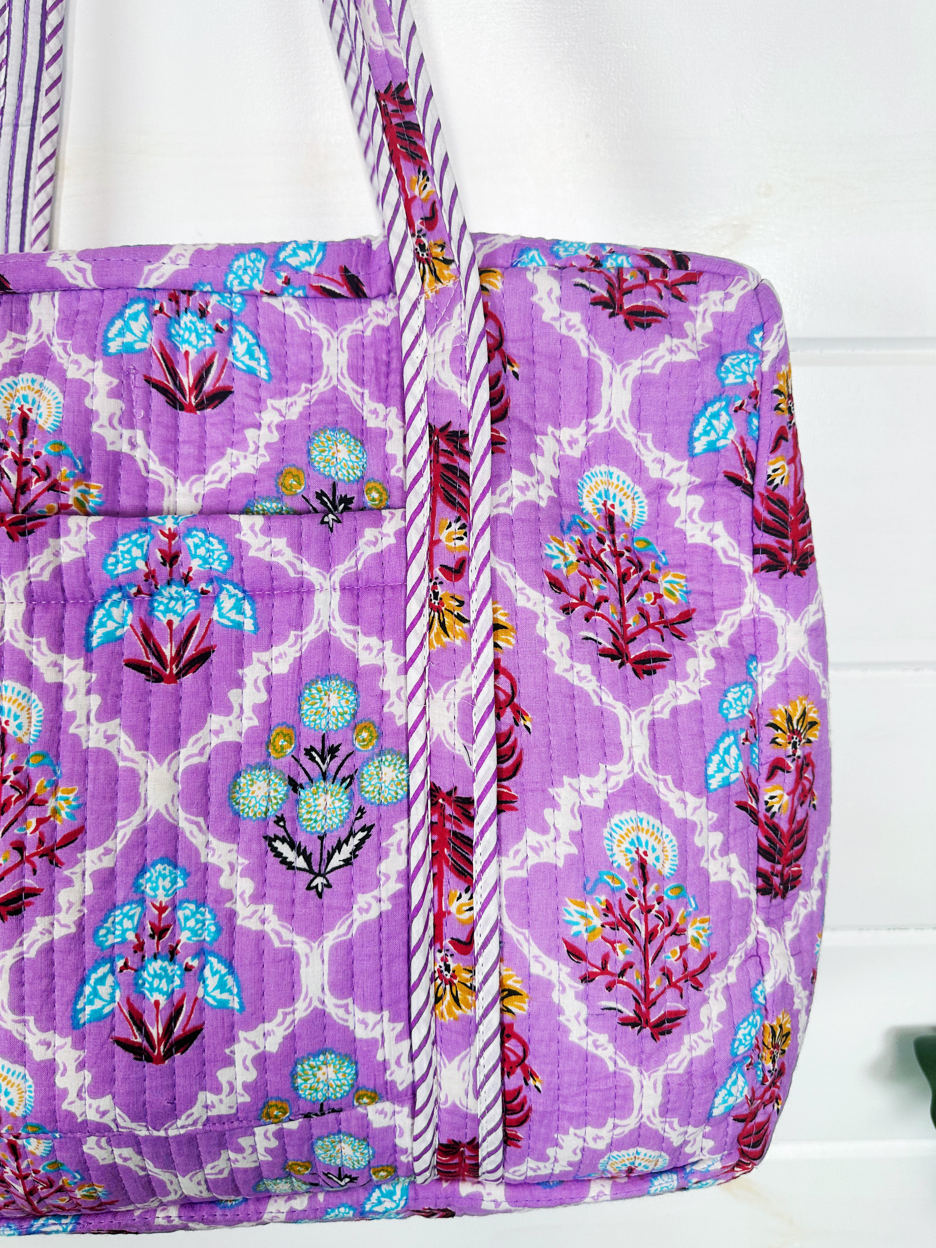 Purple Wildflower Print Quilted Weekender Overnight Bag