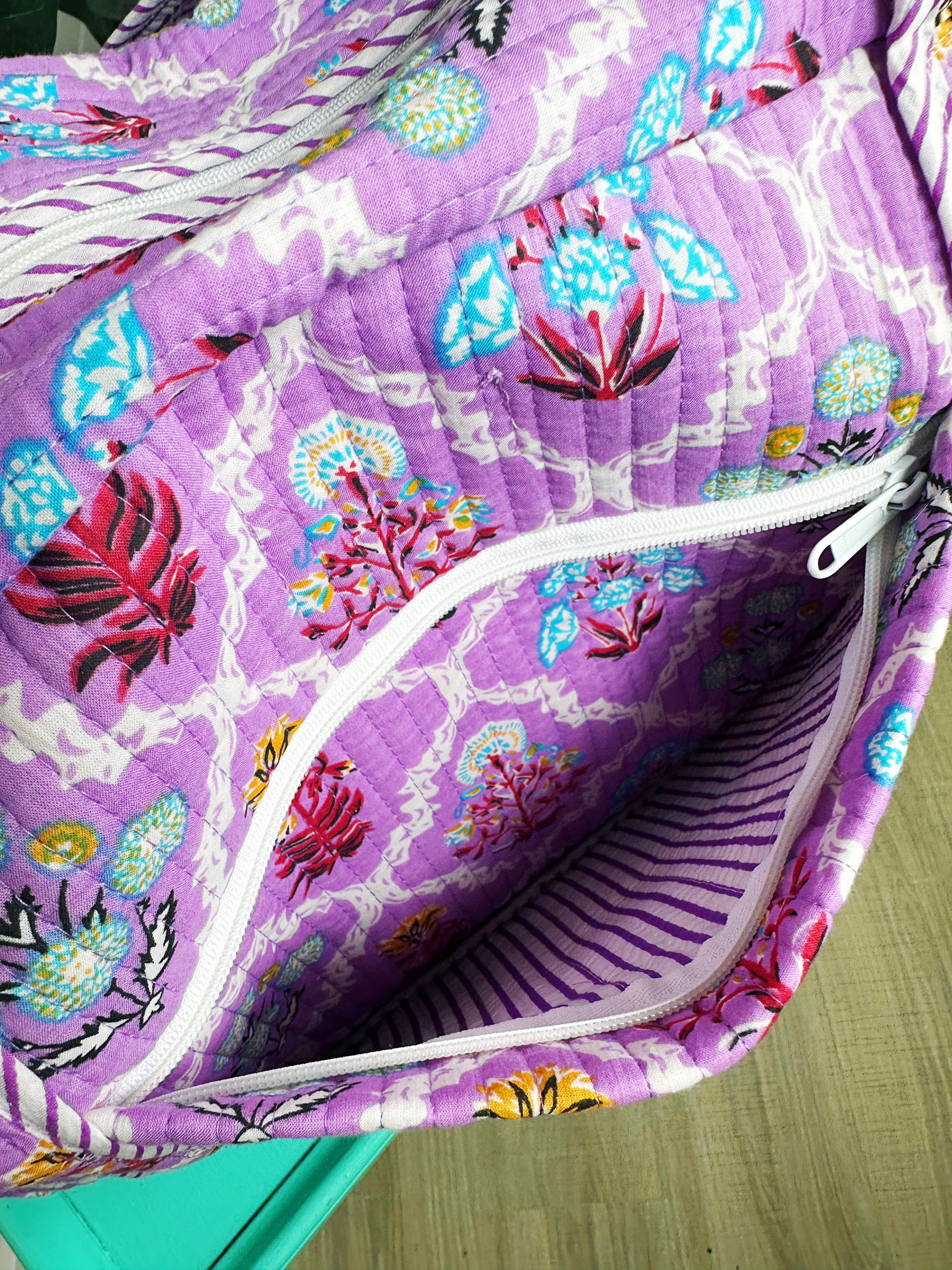 Purple Wildflower Print Quilted Weekender Overnight Bag