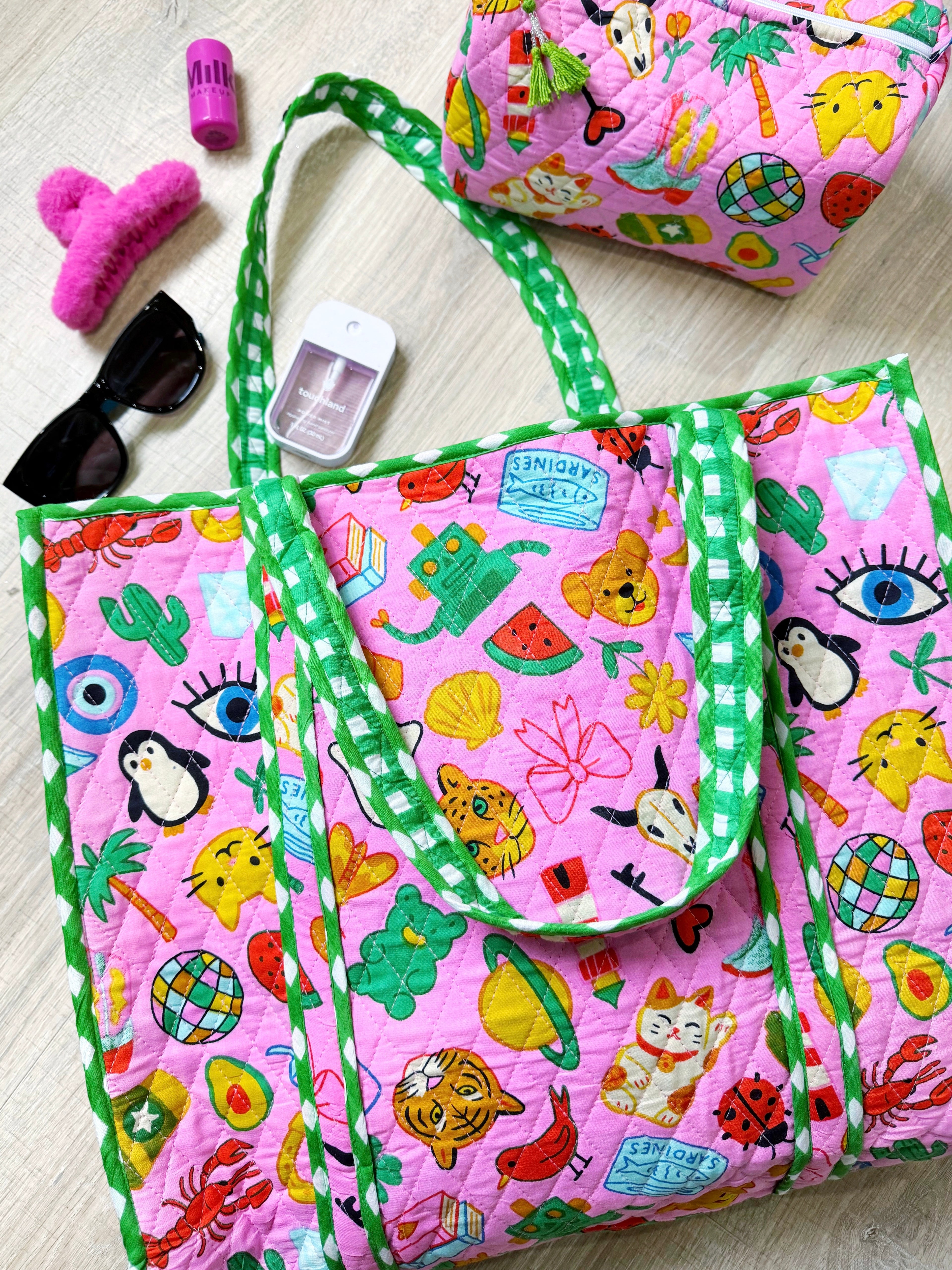 Quilted Makeup Cosmetics Toiletry Bag - Lucky Vibes Print Pink