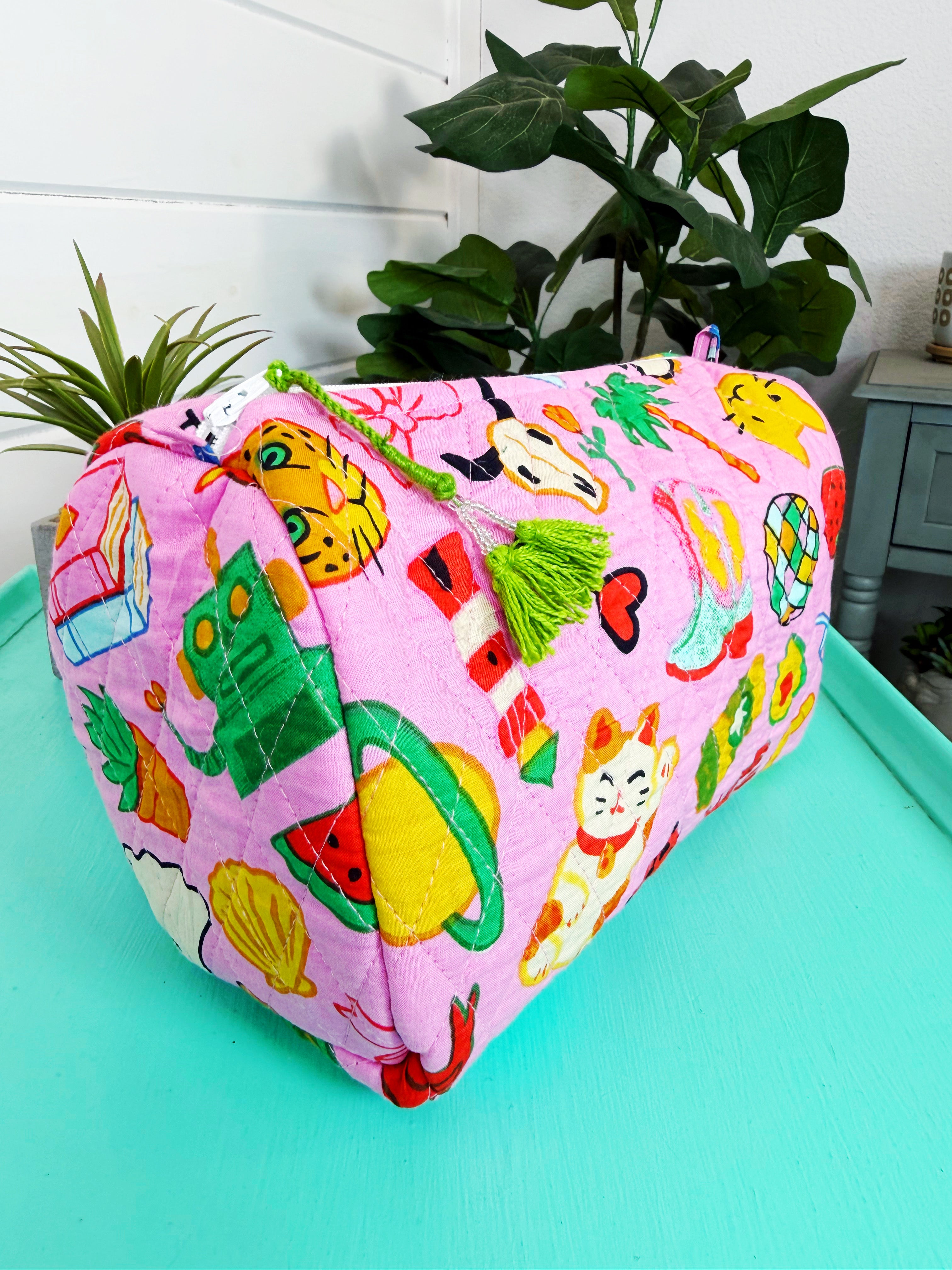 Quilted Makeup Cosmetics Toiletry Bag - Lucky Vibes Print Pink