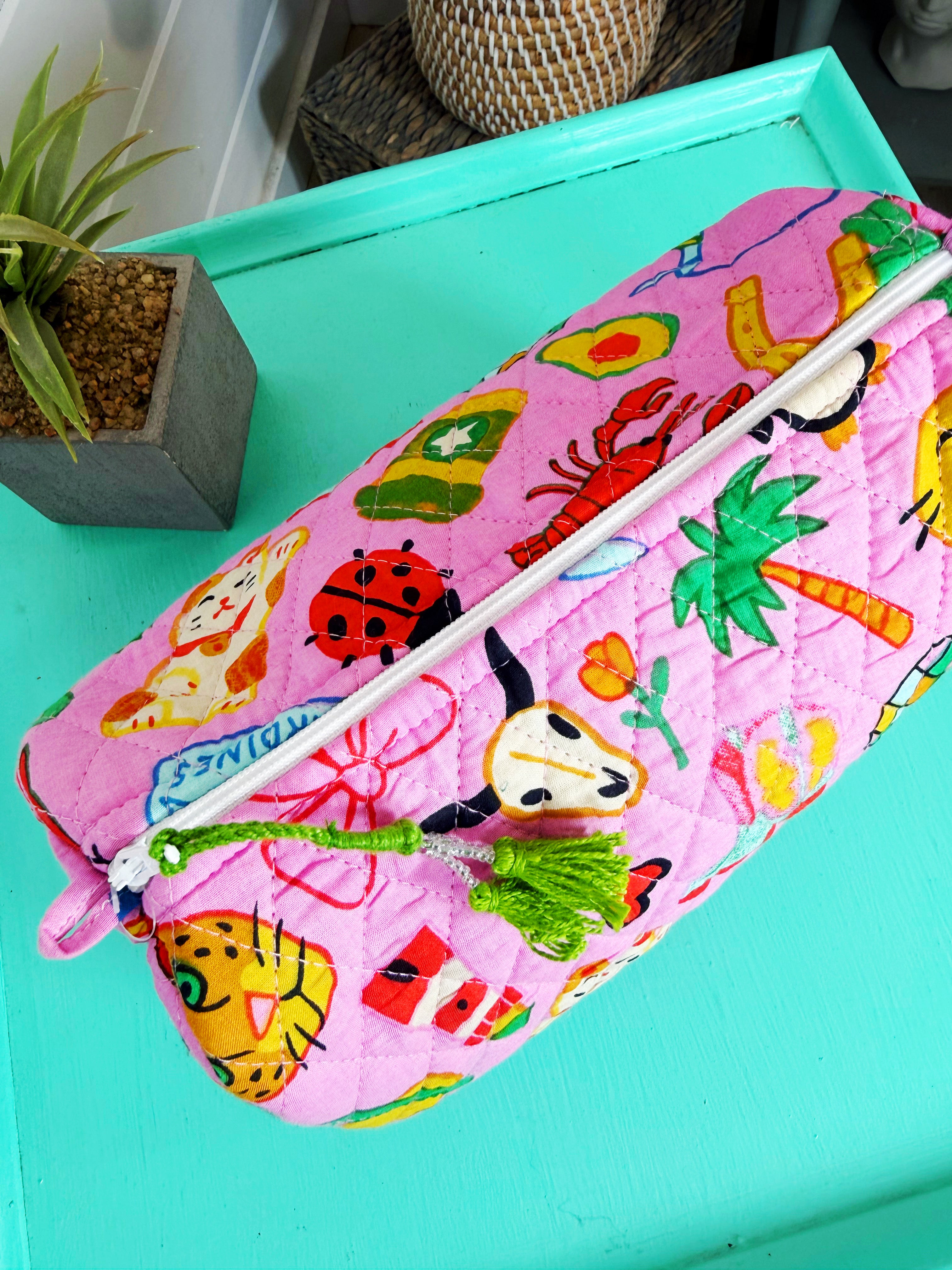 Quilted Makeup Cosmetics Toiletry Bag - Lucky Vibes Print Pink