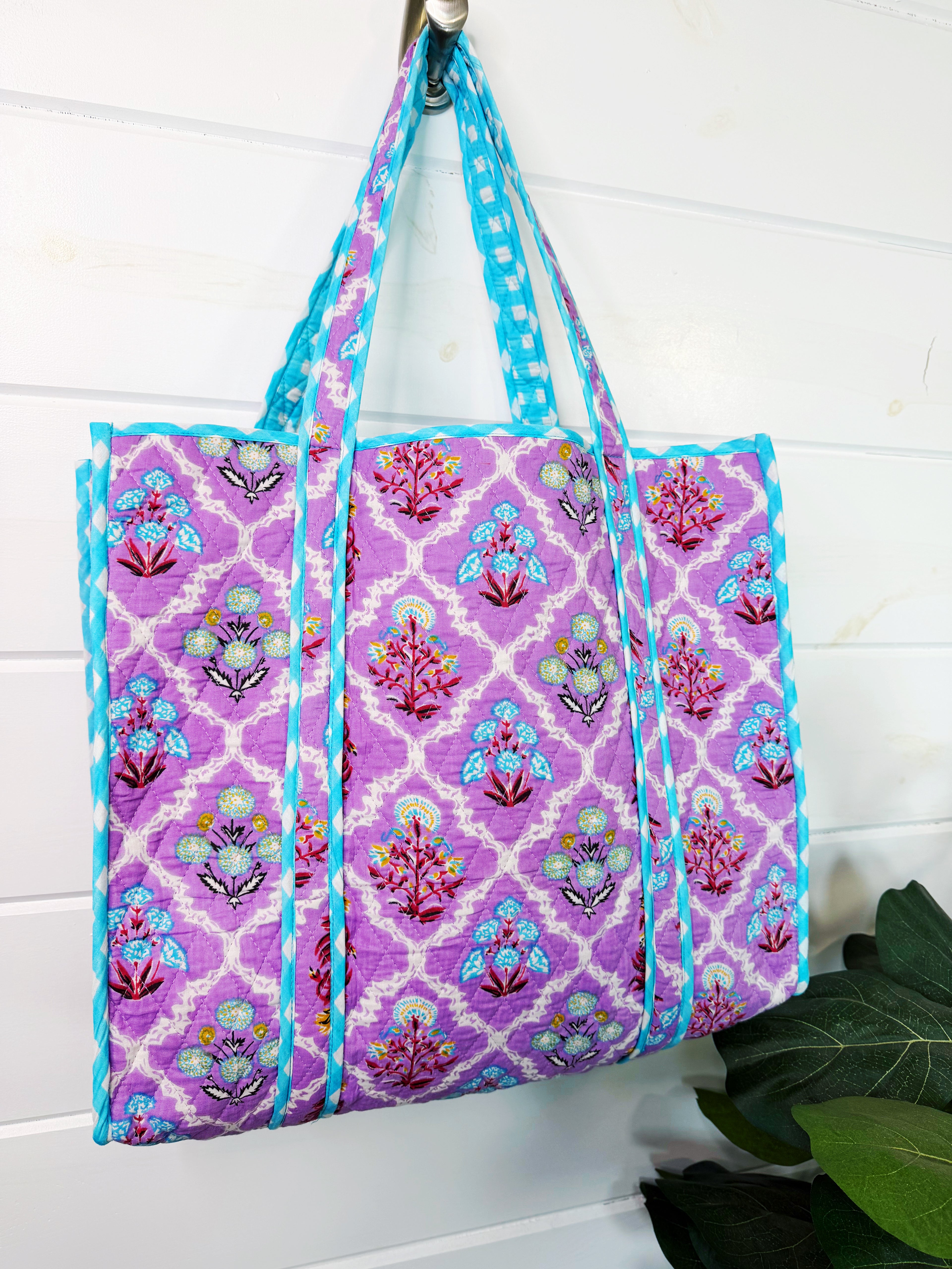 Quilted Cotton Tote Bag - Purple Wildflower Print