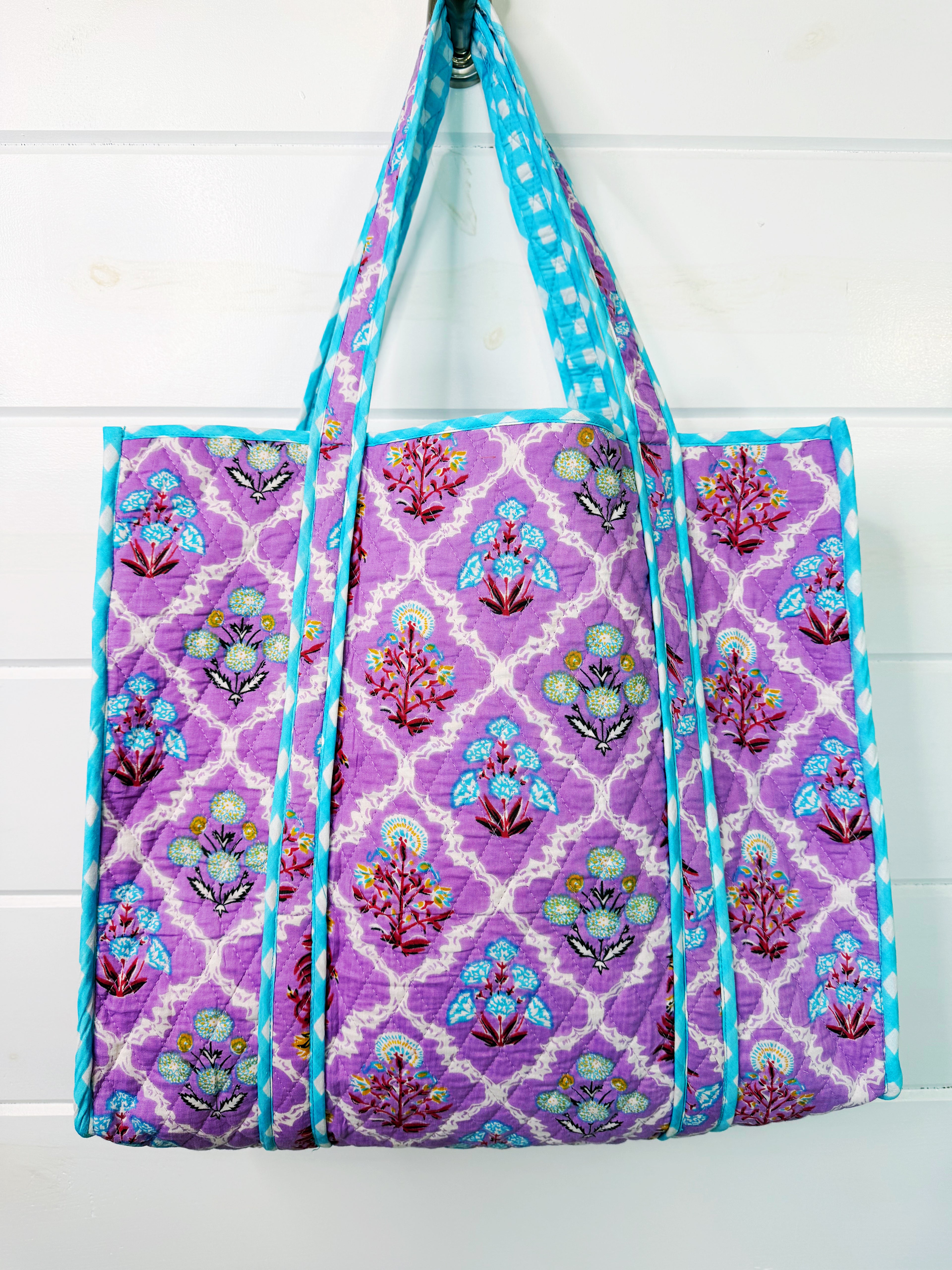 Quilted Cotton Tote Bag - Purple Wildflower Print