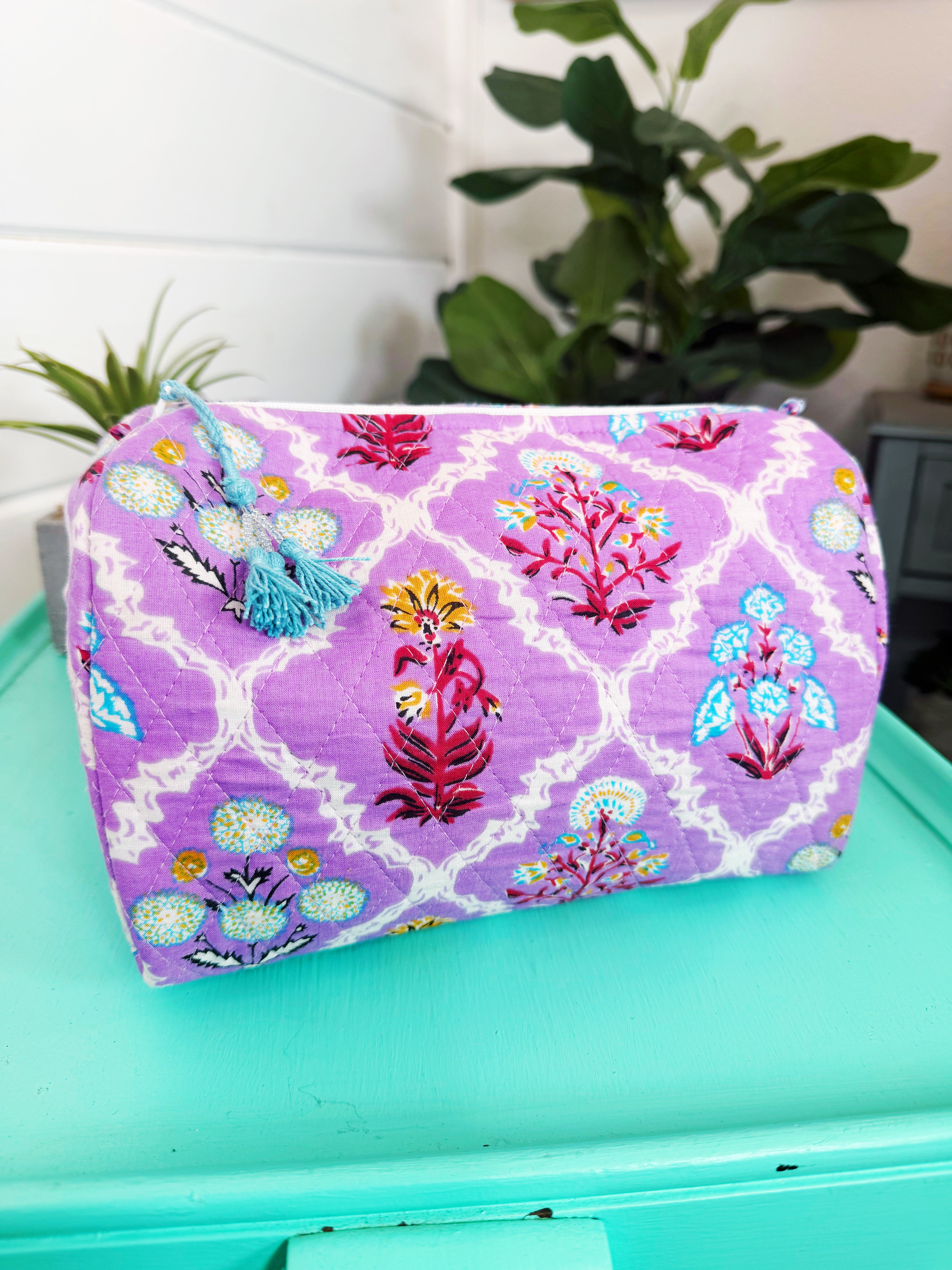 Quilted Cosmetics Toiletry Bag - Purple Wildflower Print