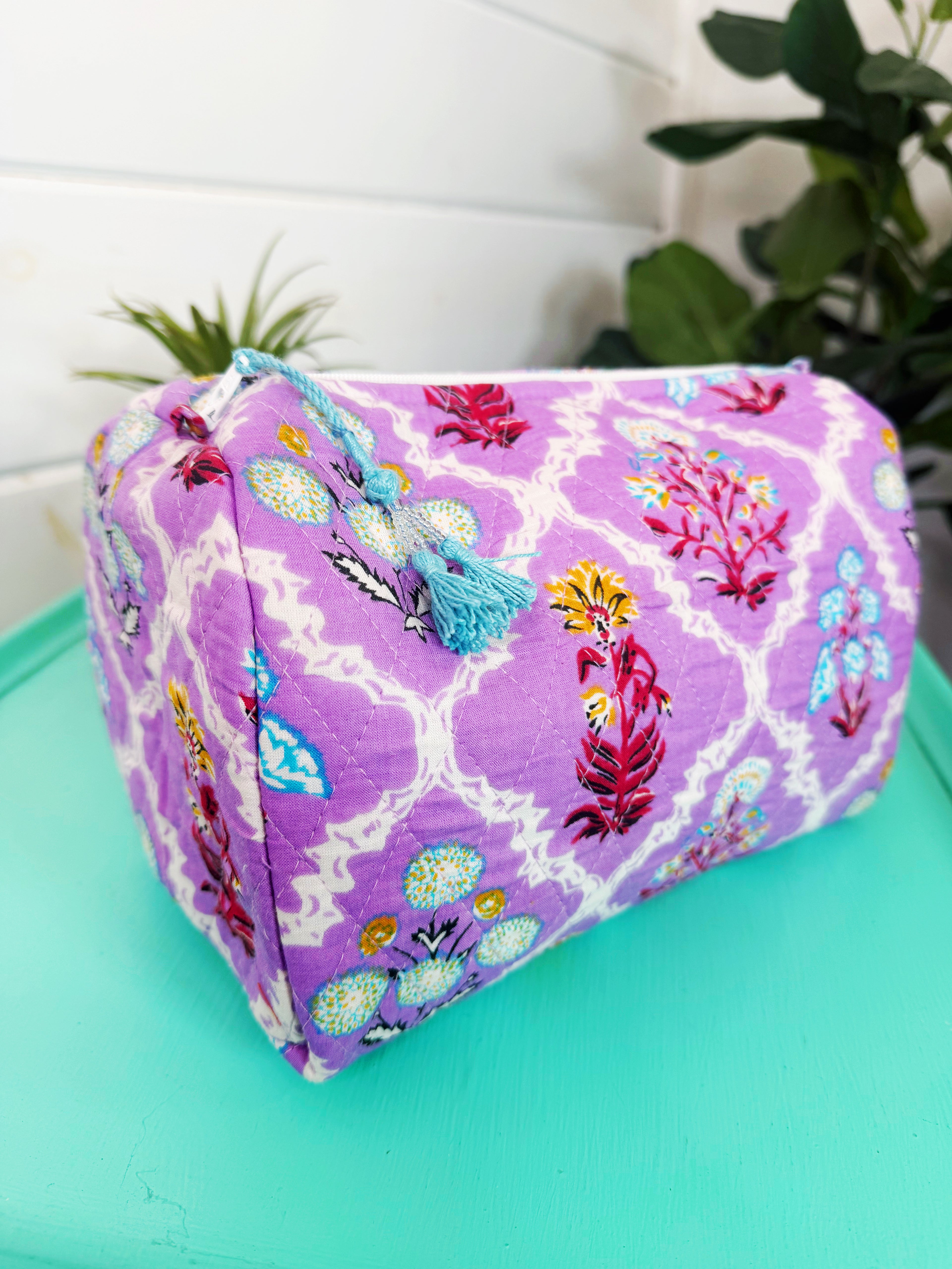 Quilted Cosmetics Toiletry Bag - Purple Wildflower Print