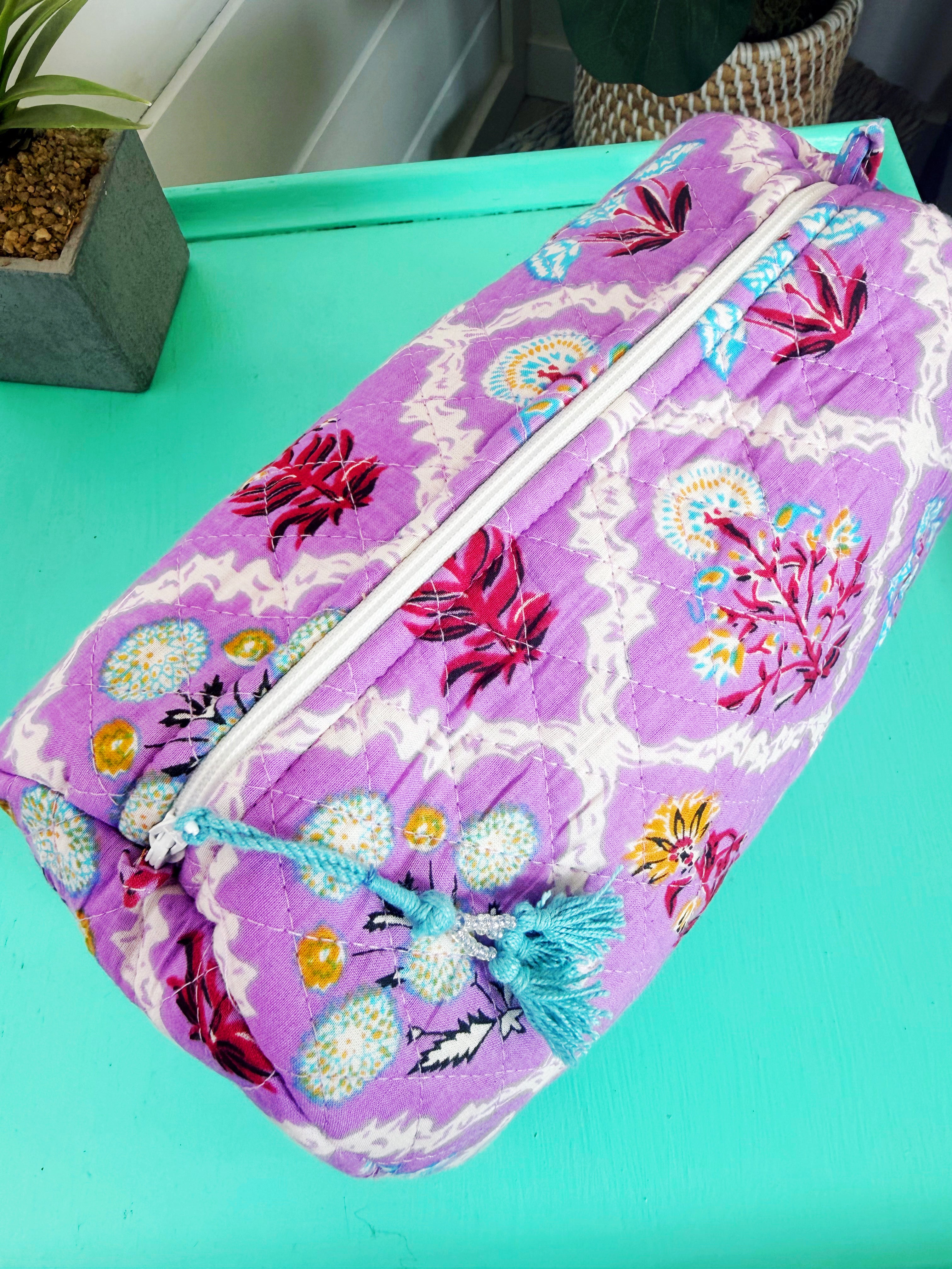 Quilted Cosmetics Toiletry Bag - Purple Wildflower Print