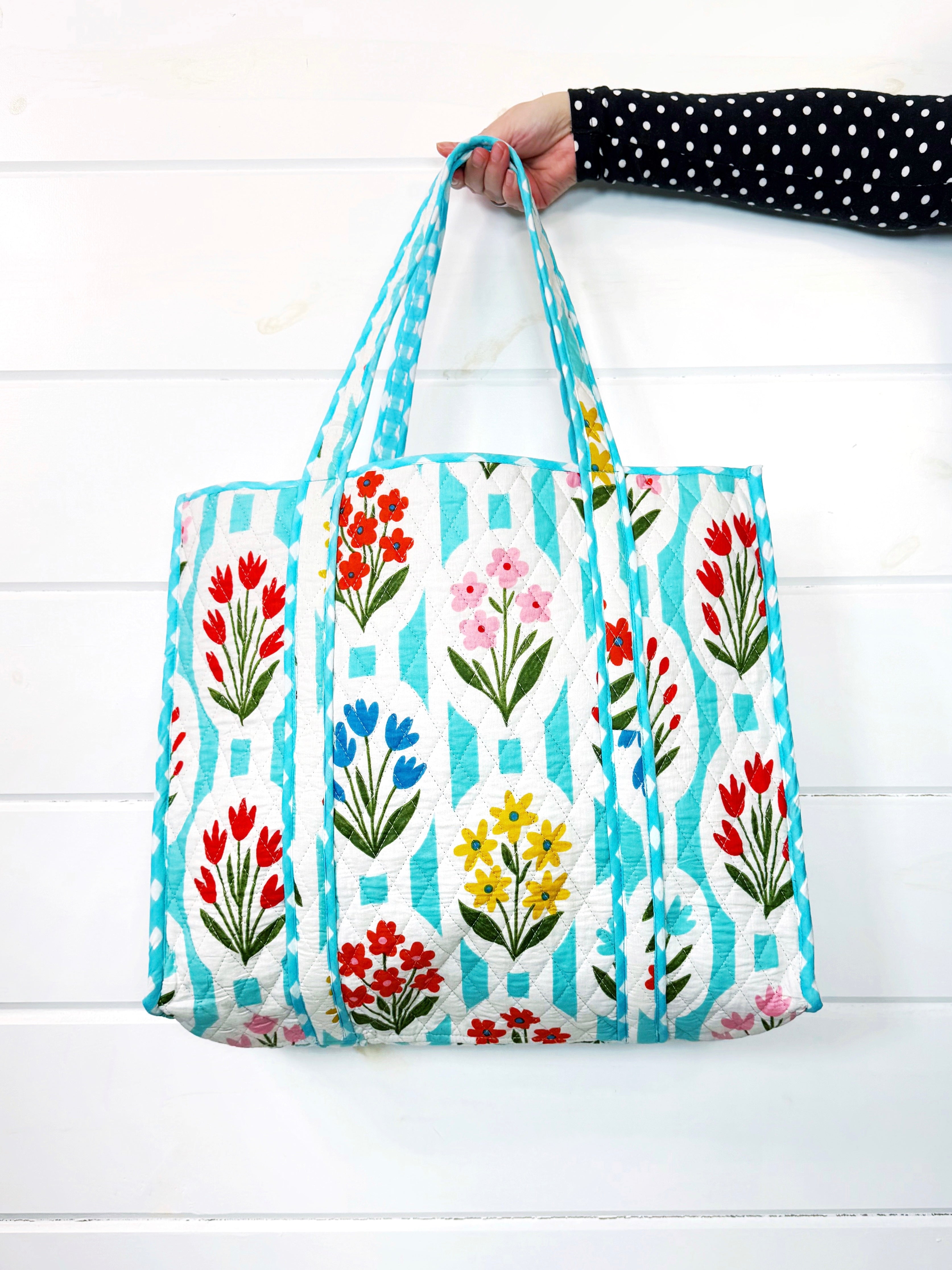 Quilted Cotton Reversible Large Tote Bag - Aqua Garden Party Print