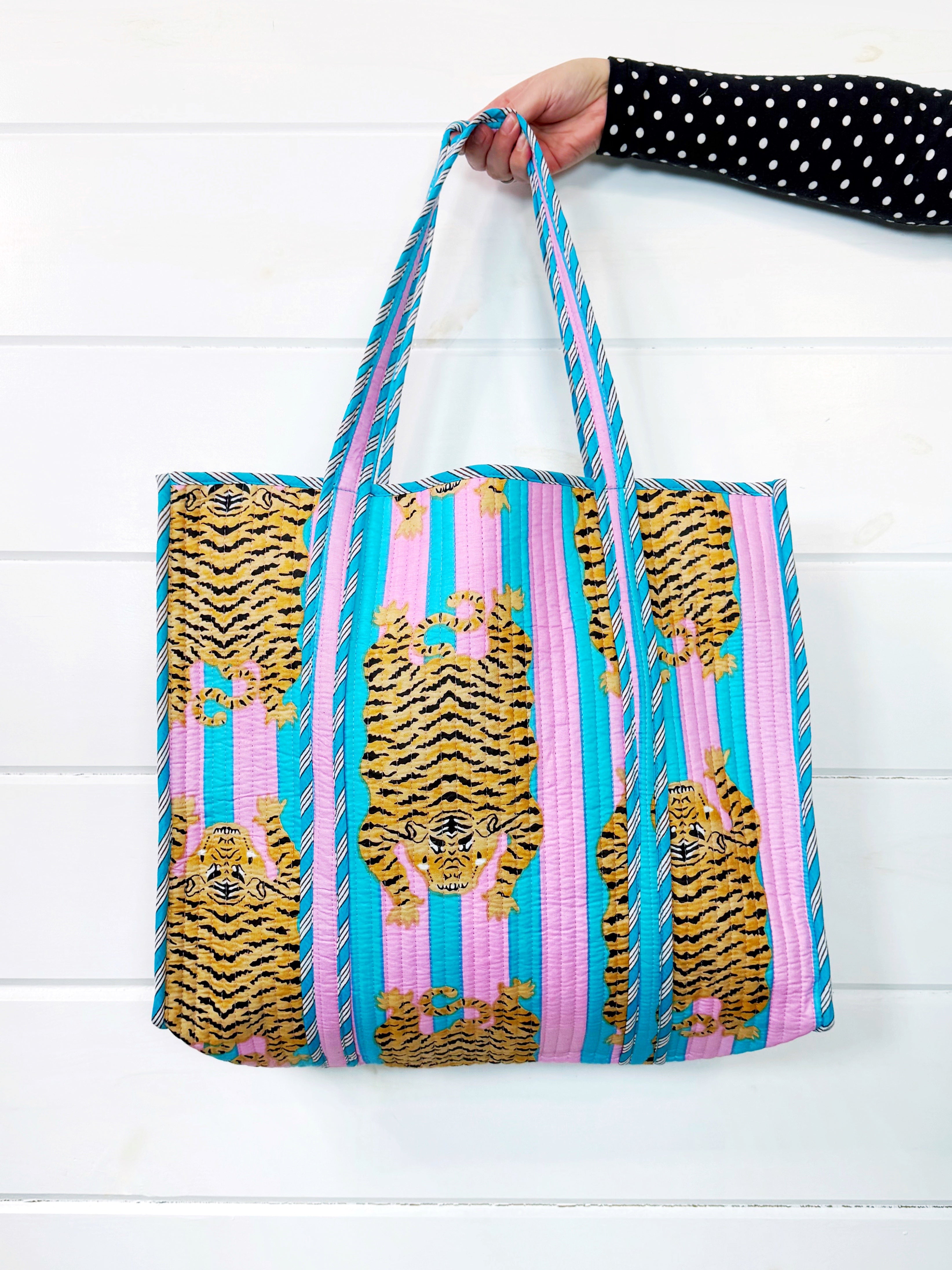 Quilted Cotton Reversible Large Tote Bag - Cotton Candy Tiger Print