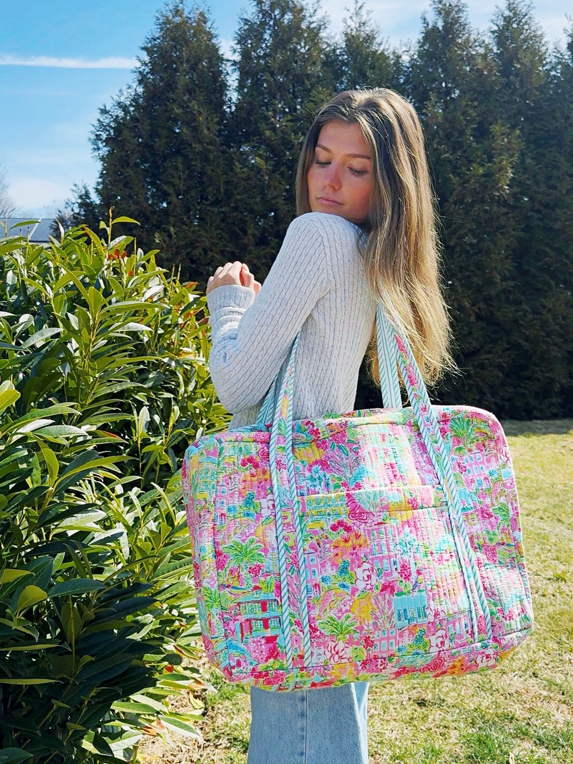 Tropical Southern Town Print Quilted Weekender Overnight Bag