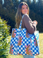 Blue Checkered Jaguar Print Quilted Cotton Tote Bag