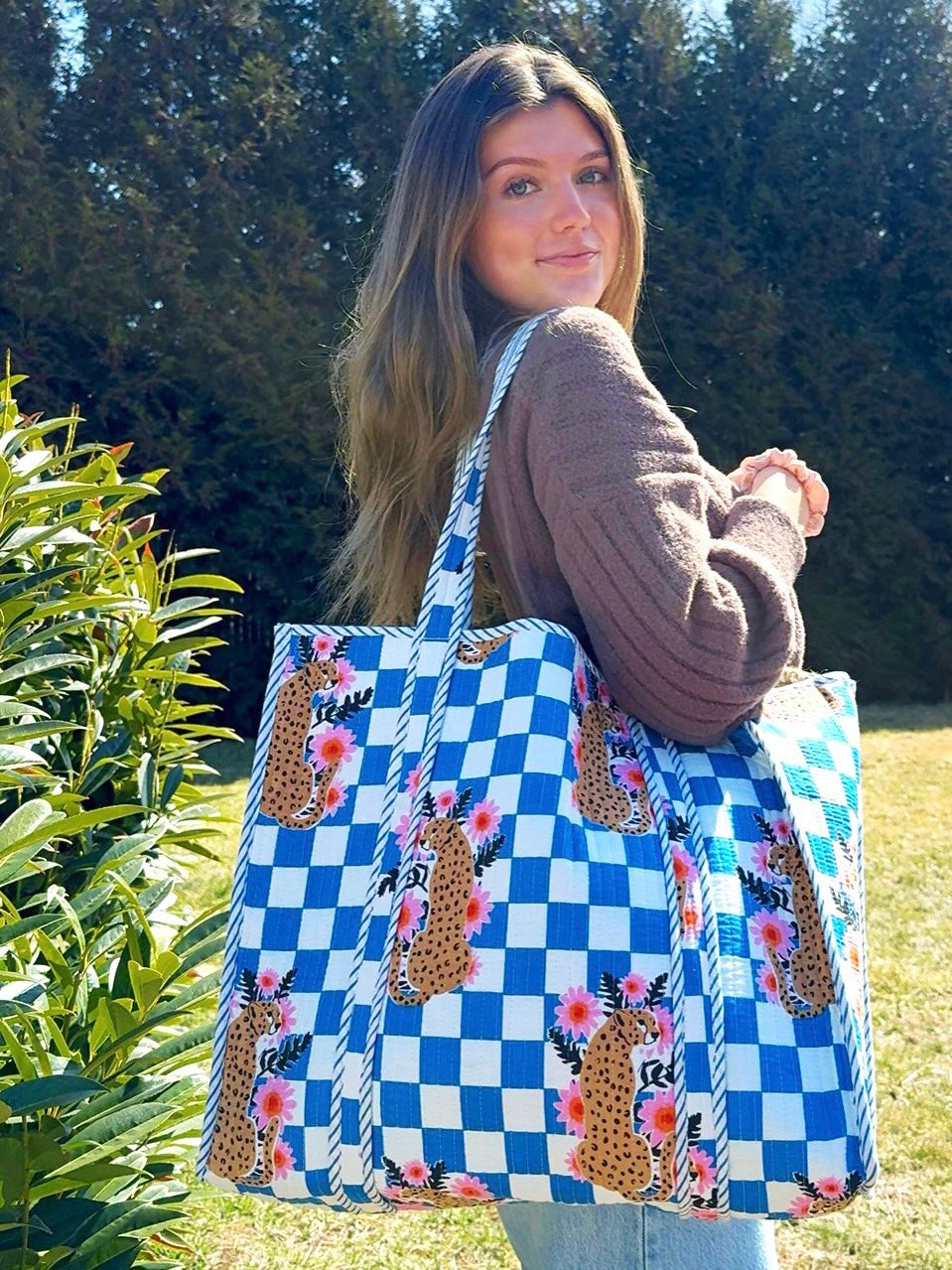 Blue Checkered Jaguar Print Quilted Cotton Tote Bag