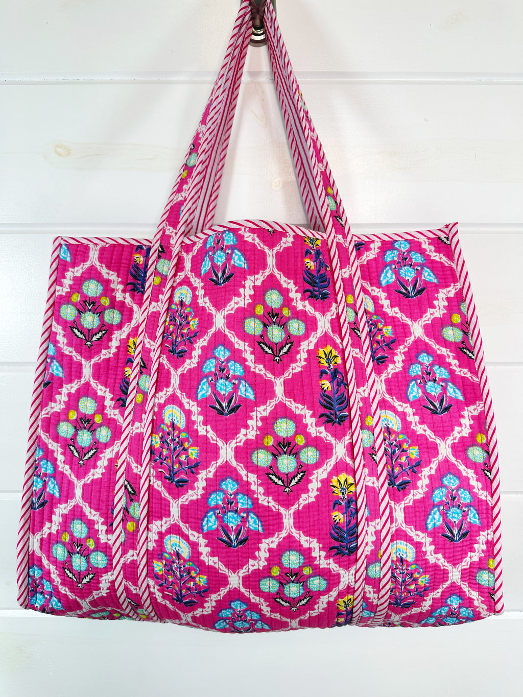 Pink Wildflowers Printed Quilted Cotton Reversible Large Tote Bag