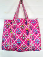 Pink Wildflowers Printed Quilted Cotton Reversible Large Tote Bag