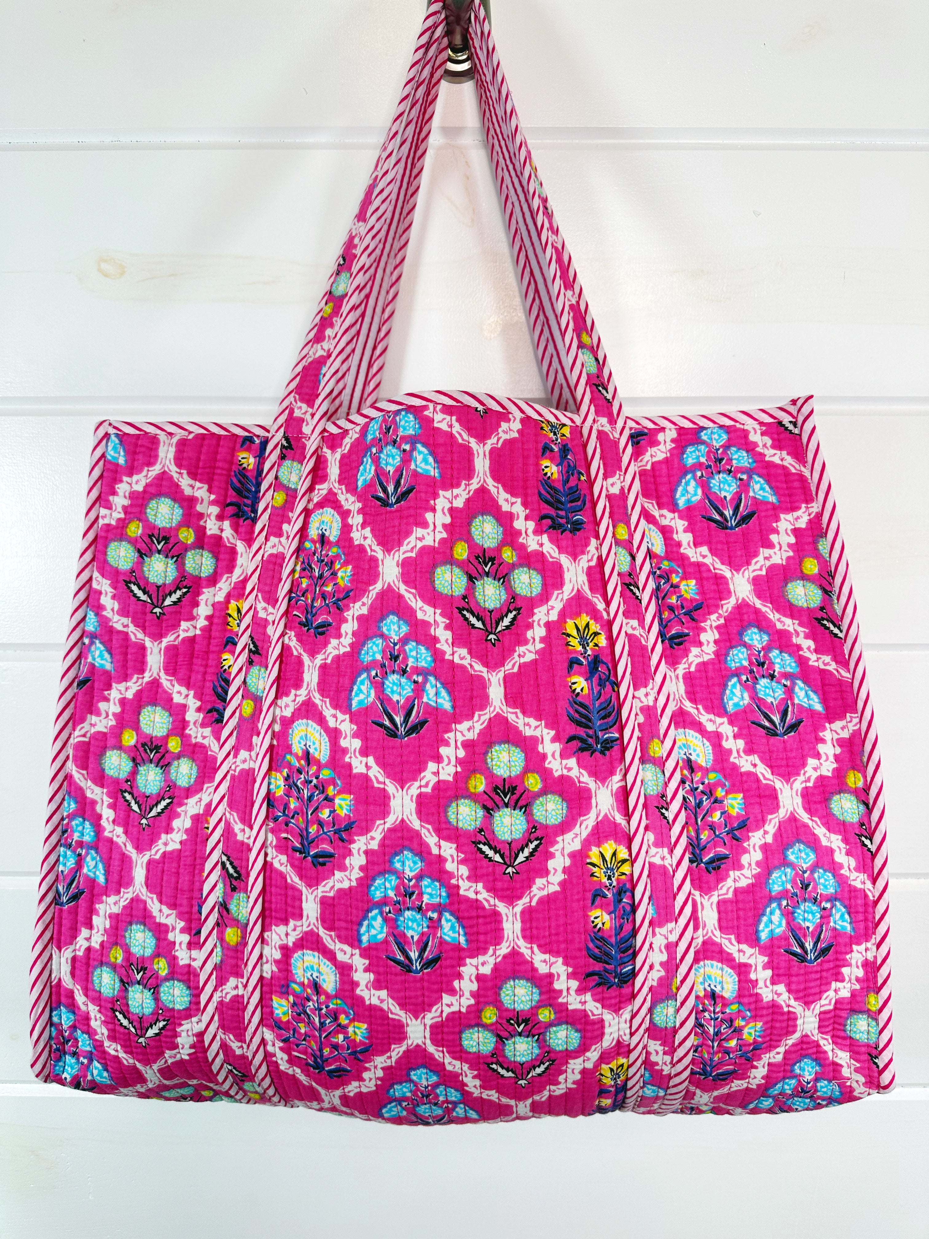 Pink Wildflowers Printed Quilted Cotton Reversible Large Tote Bag