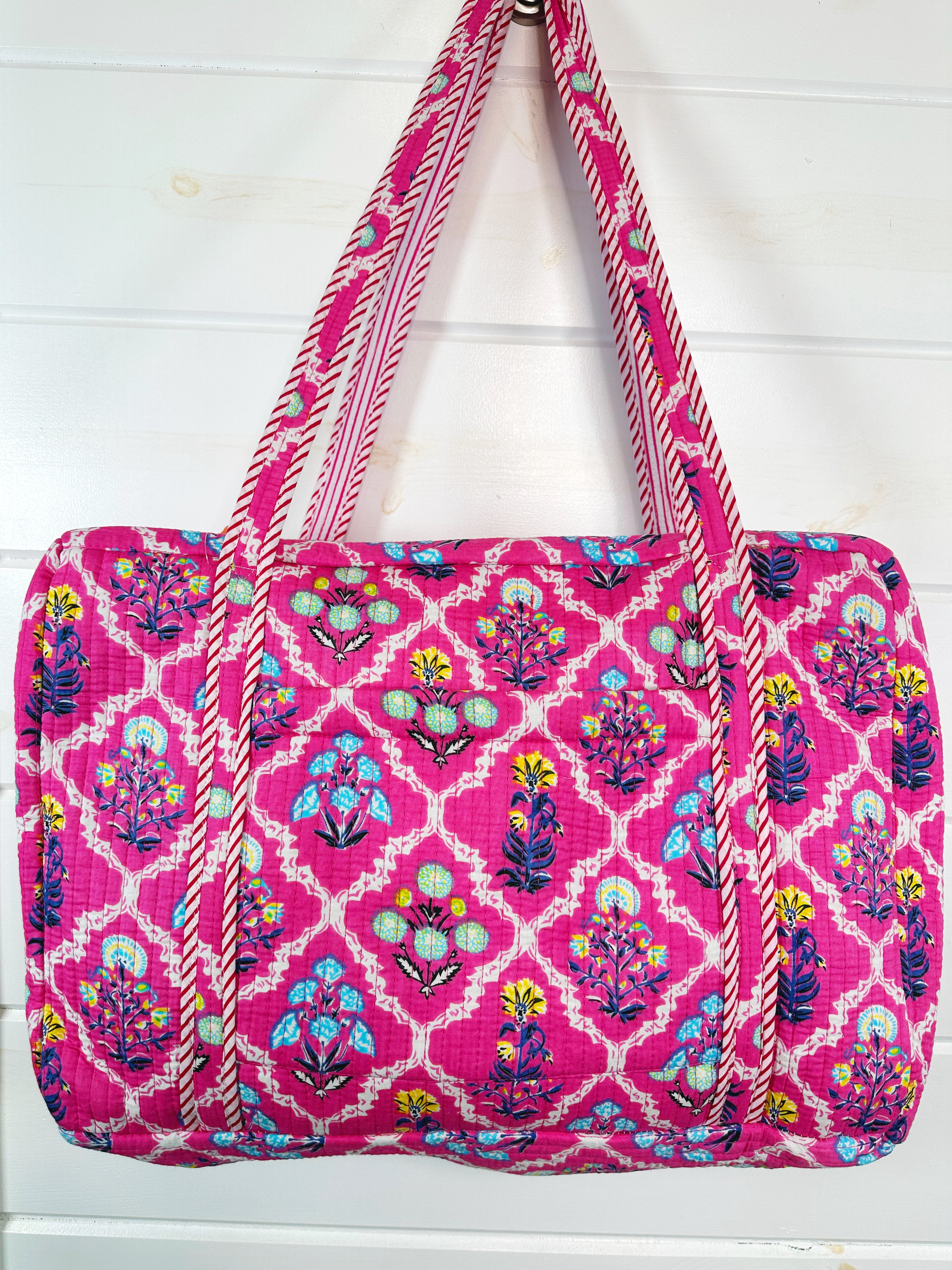 Pink Wildflowers Printed  Quilted Weekender Overnight Bag