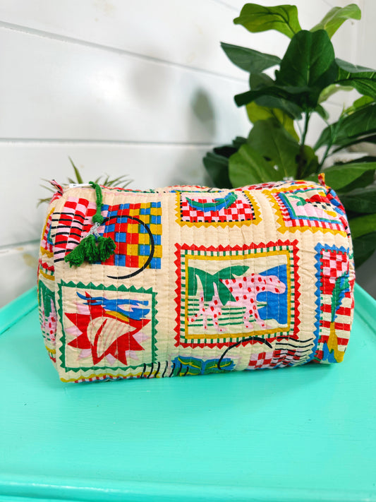 Vacation Stamps Quilted Makeup Cosmetics Toiletry Bag