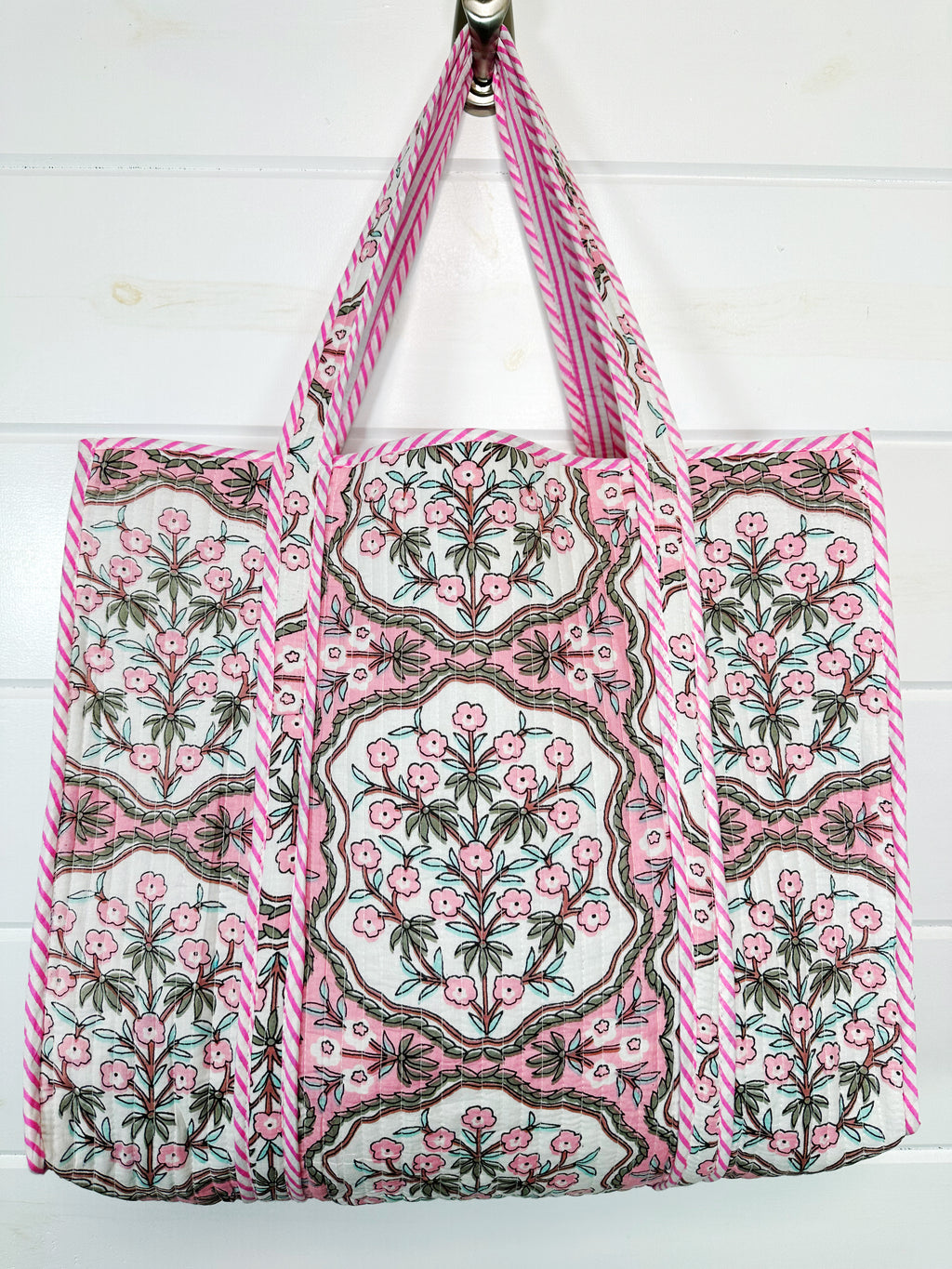 Quilted Cotton Reversible Large Tote Bag - Pink Petals Print