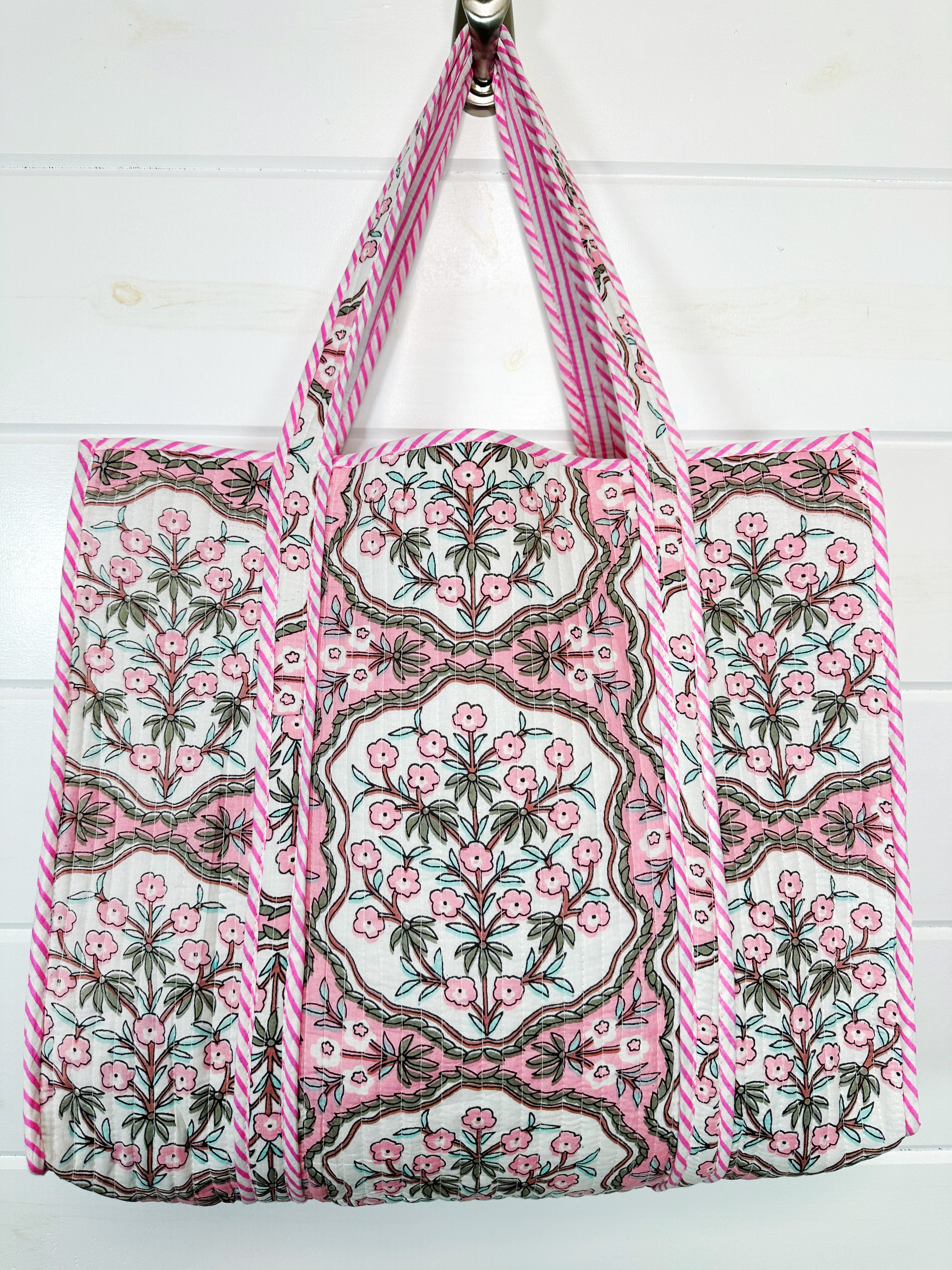 Quilted Cotton Reversible Large Tote Bag - Pink Petals Print