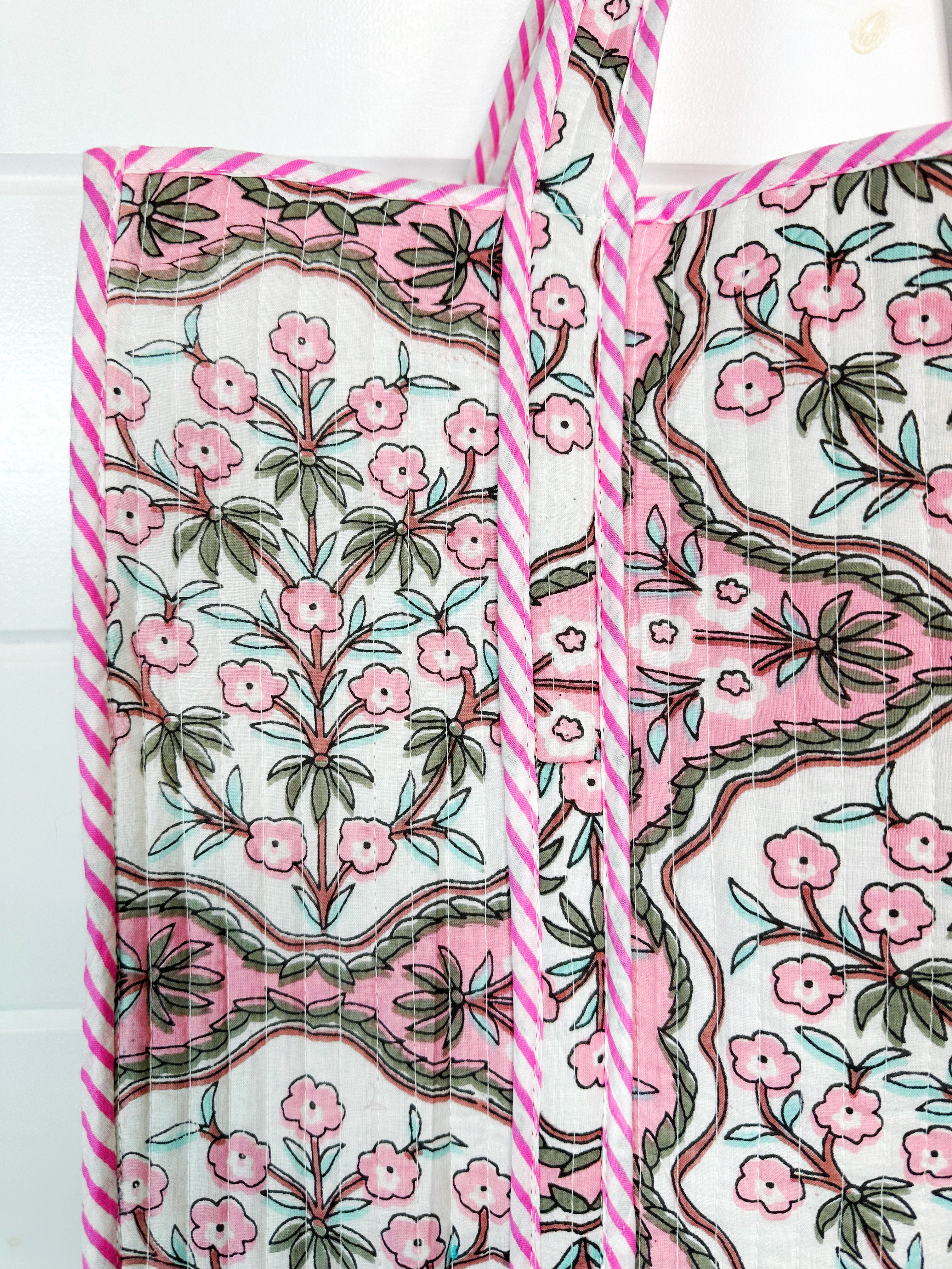 Quilted Cotton Reversible Large Tote Bag - Pink Petals Print
