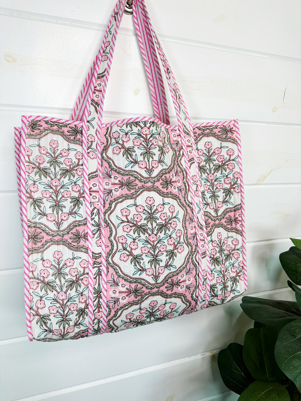 Quilted Cotton Reversible Large Tote Bag - Pink Petals Print